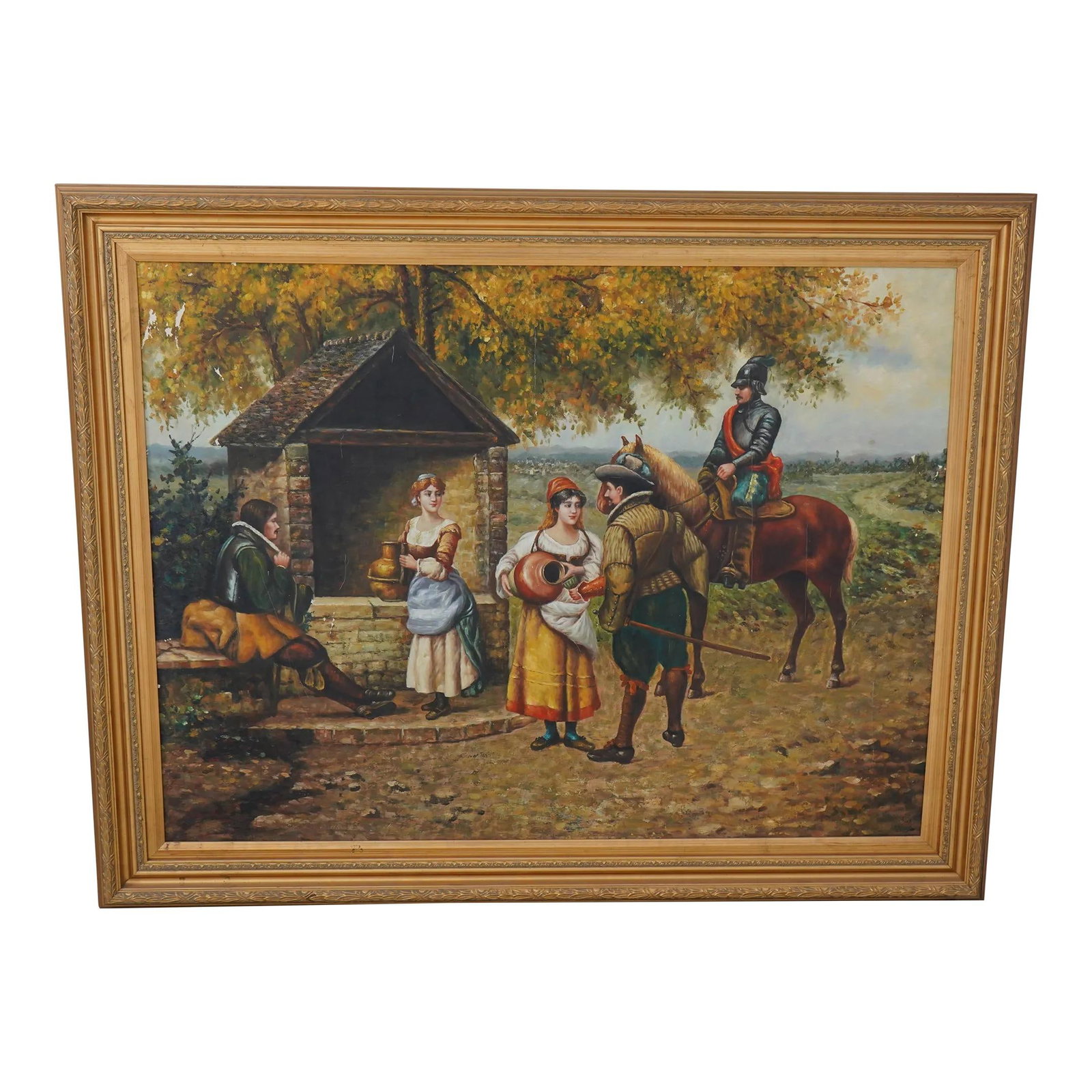 Large Framed Oil Painting Mexican Village 55x44 Gold Frame: Large Framed Oil Painting Mexican Village 55x44 Gold Frame This stunning large framed oil painting captures the essence of a vibrant Mexican village, hand-painted with meticulous detail. With an appro