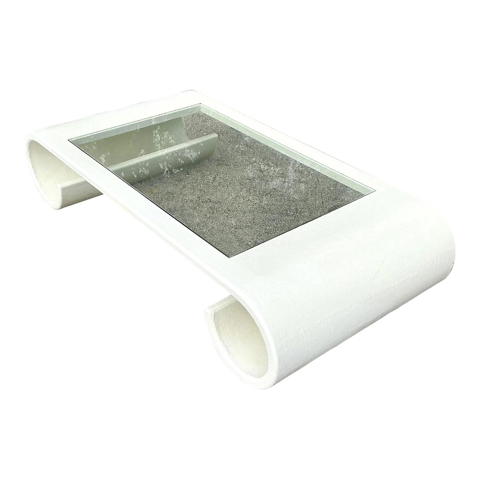 Vintage Boho Scroll Coffee Table Natural Linen Wrapped: Vintage Boho Scroll Coffee Table Natural Linen Wrapped Enhance your living space with this exquisite Vintage Boho Linen Wrapped Scroll Coffee Table. This piece features a distinctive scroll design, ha