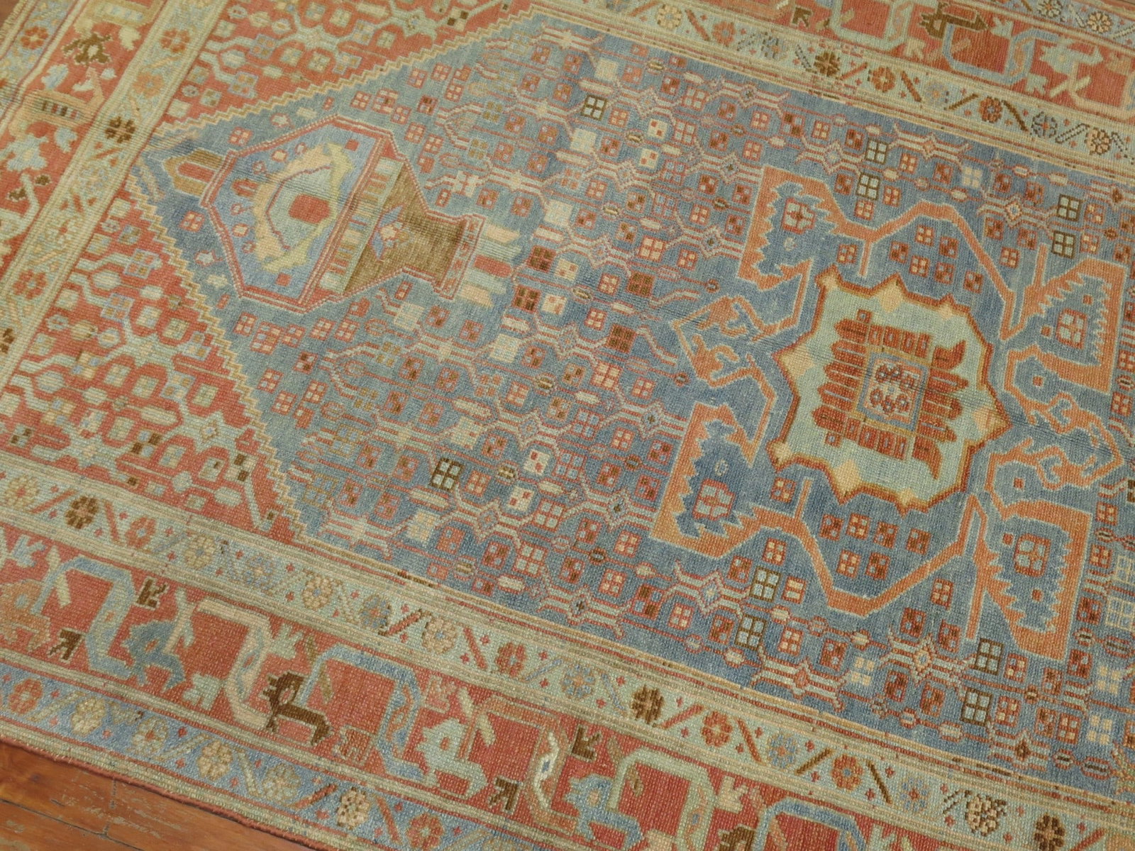 4' 10" x 8' 10" Early 20th Century Malayer Persian Rug: 4' 10" x 8' 10" Early 20th Century Malayer Persian Rug Early 20th century Persian Malayer rug with a light blue palette and colorful geometric patterning. This pre-owned area rug presents the classic 
