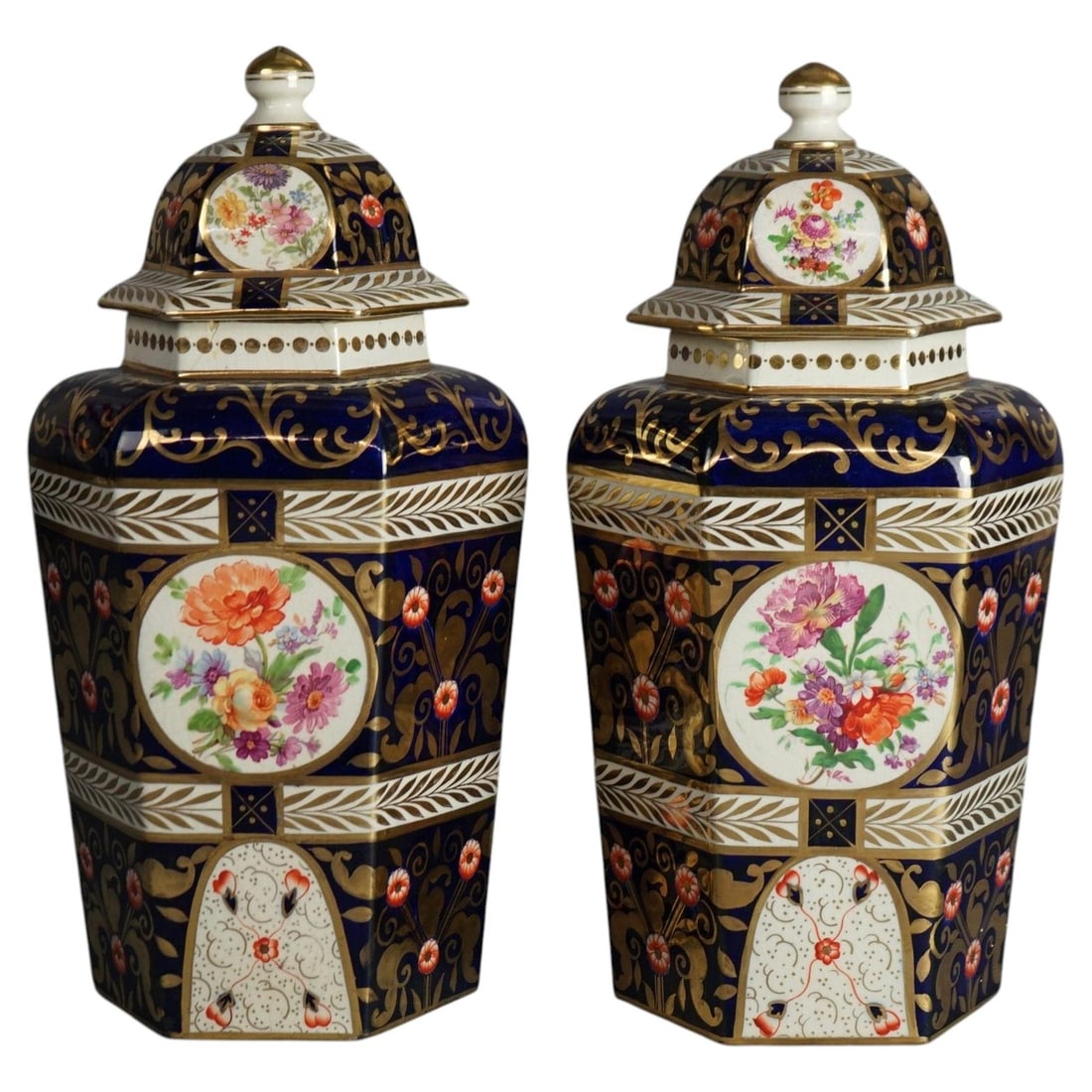 Set of 2 Royal Crown Derby porcelain lidded floral urns c1890 (1 of 9)