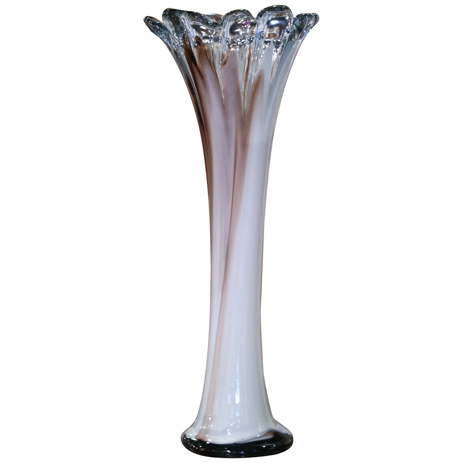 Midcentury French Art Deco Hand Blown Glass Swirl Vase: Midcentury French Art Deco Hand Blown Glass Swirl Vase This exquisite Midcentury French hand blown art glass vase showcases a stunning swirl of colors and intricate design. Standing at 22.25 inches ta