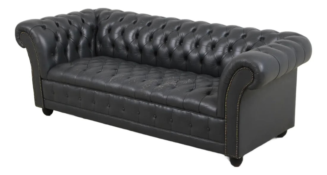 English Style Blue Leather Loveseat with Bun Feet (1 of 10)