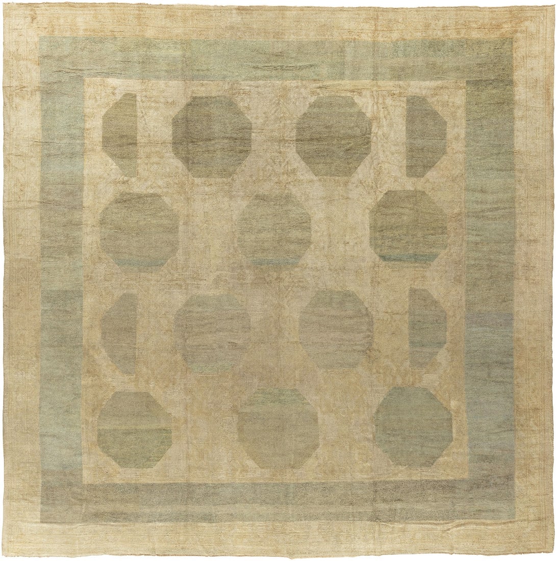 13' 9" x 13' 10" Neutral Tone Square Oushak Carpet: 13' 9" x 13' 10" Neutral Tone Square Oushak Carpet Early 20th-century antique Oushak square rug in neutral tones. This pre-owned rug features a classic square format and oversized scale. Specification