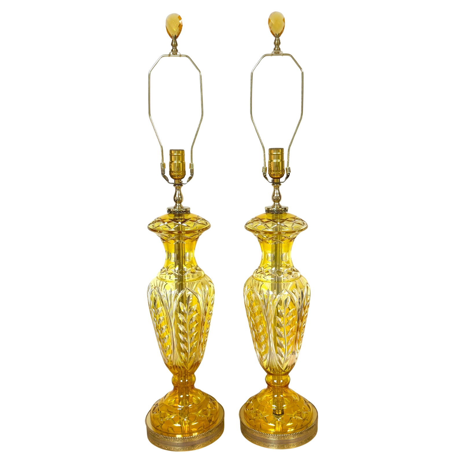 Elegant Pair of Moser Style Citrine Crystal Brass Lamps Set of 2: Elegant Pair of Moser Style Citrine Crystal Brass Lamps Set of 2 This exquisite pair of Bohemian-style table lamps features citrine cut-to-clear crystal and brass, embodying the elegance of mid-20th c
