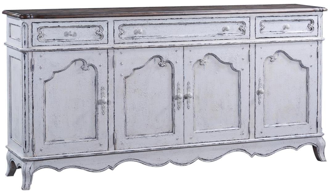 French Provincial Solid Wood Sideboard with Antiqued White Walnut Finish: French Provincial Solid Wood Sideboard with Antiqued White Walnut Finish This exquisite French Provincial White Walnut Cabinet elegantly combines vintage charm with modern functionality. Crafted from 