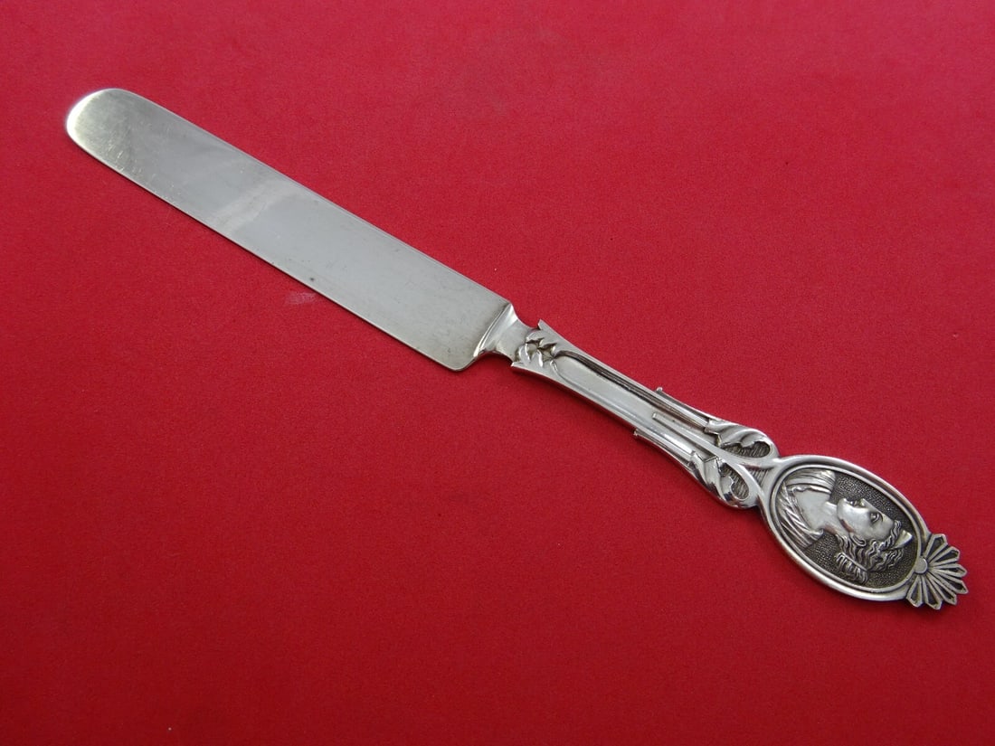 Wood & Hughes Medallion Dessert Knife Coin Silver 7 3/4" Monogram M: Wood & Hughes Medallion Dessert Knife Coin Silver 7 3/4" Monogram M This exquisite dessert knife, known as Medallion (also referred to as Diana), is crafted by Wood & Hughes. Made of coin silver, this