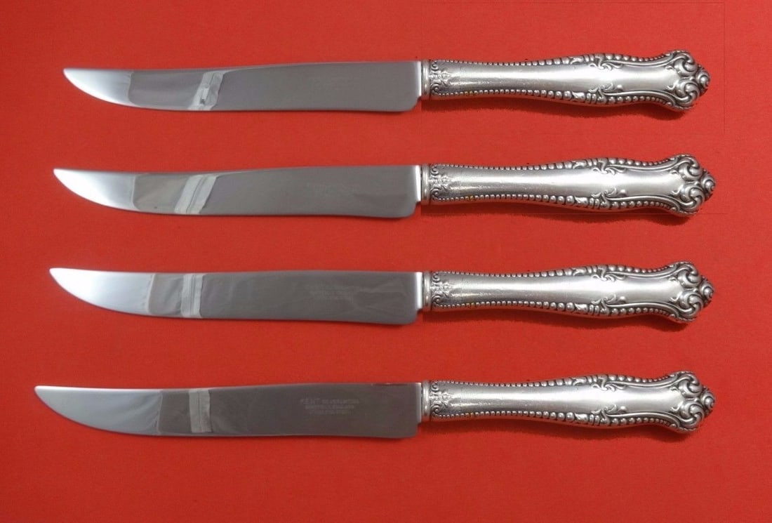 Towle Canterbury Sterling Silver Steak Knife Set 4pc Texas Sized: Towle Canterbury Sterling Silver Steak Knife Set 4pc Texas Sized Enhance your dining experience with this impressive 4-piece steak knife set from the Canterbury pattern by Towle. Crafted from sterling
