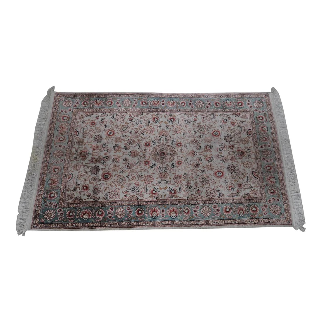 Handwoven Silk Oriental Area Rug 48.5 x 78 Blue: Handwoven Silk Oriental Area Rug 48.5 x 78 Blue This vintage Oriental area rug is hand-woven from silk and features a vibrant multi-color design. The rug is approximately 60 years old and retains its 
