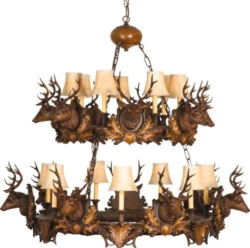 USA-Made Lodge Style Two-Tier Stag Head Chandelier: USA-Made Lodge Style Two-Tier Stag Head Chandelier This item is made at time of order. Please allow 42 to 70 days for production. Illuminate your space with this exquisite USA-Made Two-Tier Stag Head 