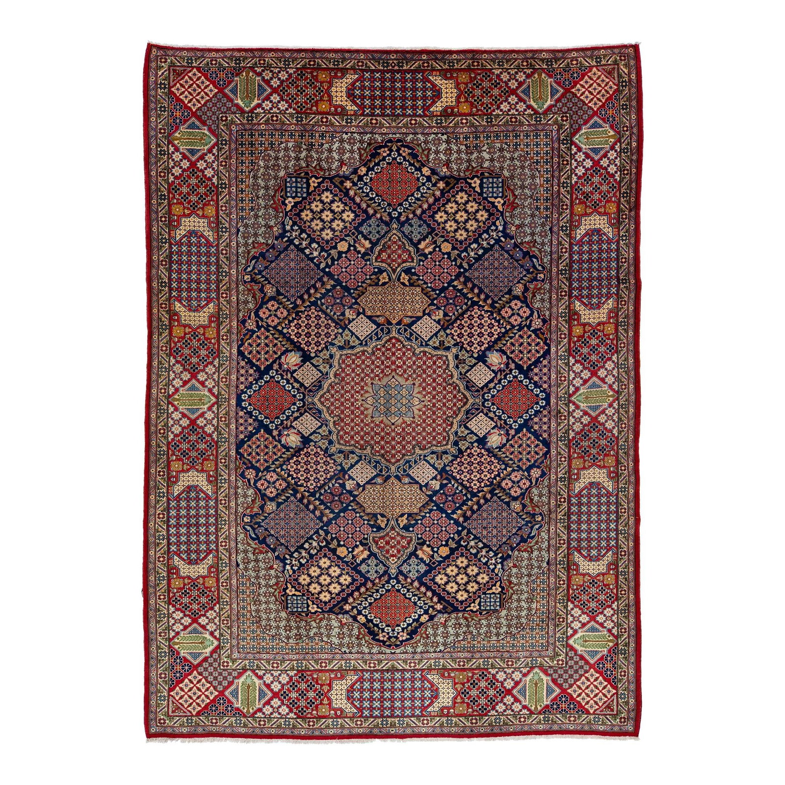 Vintage Persian Kashan Wool Rug 9'4" x 13' Multicolor Design: Vintage Persian Kashan Wool Rug 9'4" x 13' Multicolor Design This exquisite vintage Kashan Persian wool rug features a stunning navy blue field adorned with an all-over design in vibrant multicolor hu