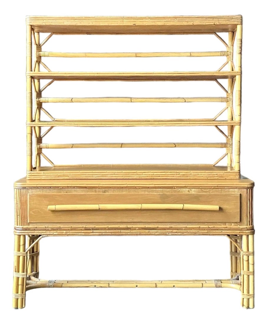 Mid-Century Modern Rattan Bamboo Etagere Cabinet With Drawers And Shelves: Mid-Century Modern Rattan Bamboo Etagere Cabinet With Drawers And Shelves This vintage etagere cabinet exemplifies mid-century tropical modern style, with a two-part design featuring a lower cabinet w