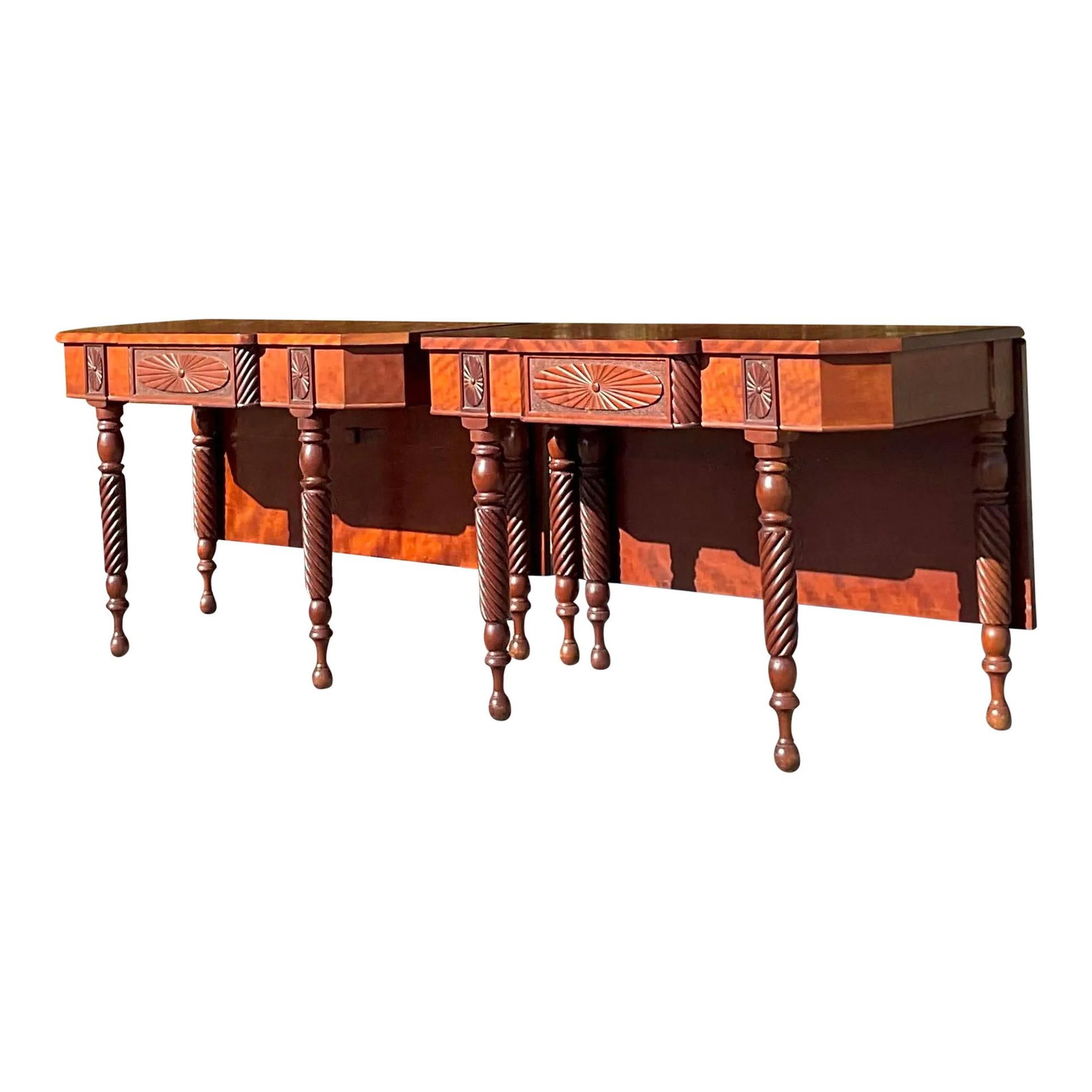 Pair of Vintage Boho Console Tables by Botts with Drop Leaf Design: Pair of Vintage Boho Console Tables by Botts with Drop Leaf Design Enhance your space with this fabulous pair of vintage Boho console tables, crafted by the Botts group and featuring exquisite hand-ca