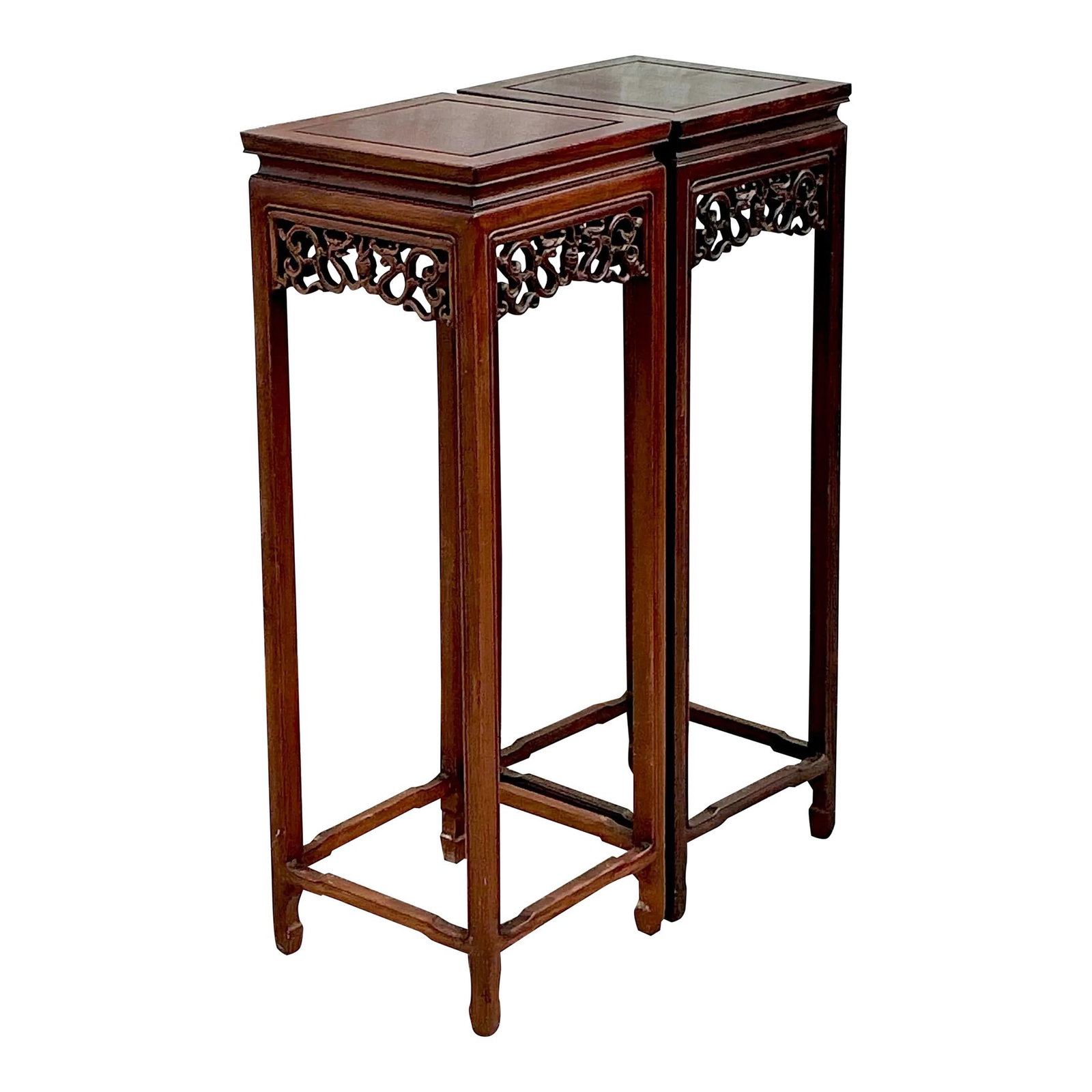 Elegant Vintage Asian Rosewood Pedestals Pair with Intricate Carvings: Elegant Vintage Asian Rosewood Pedestals Pair with Intricate Carvings This elegant pair of vintage Asian rosewood pedestals features expert carvings with intricate floral and geometric designs. The ri