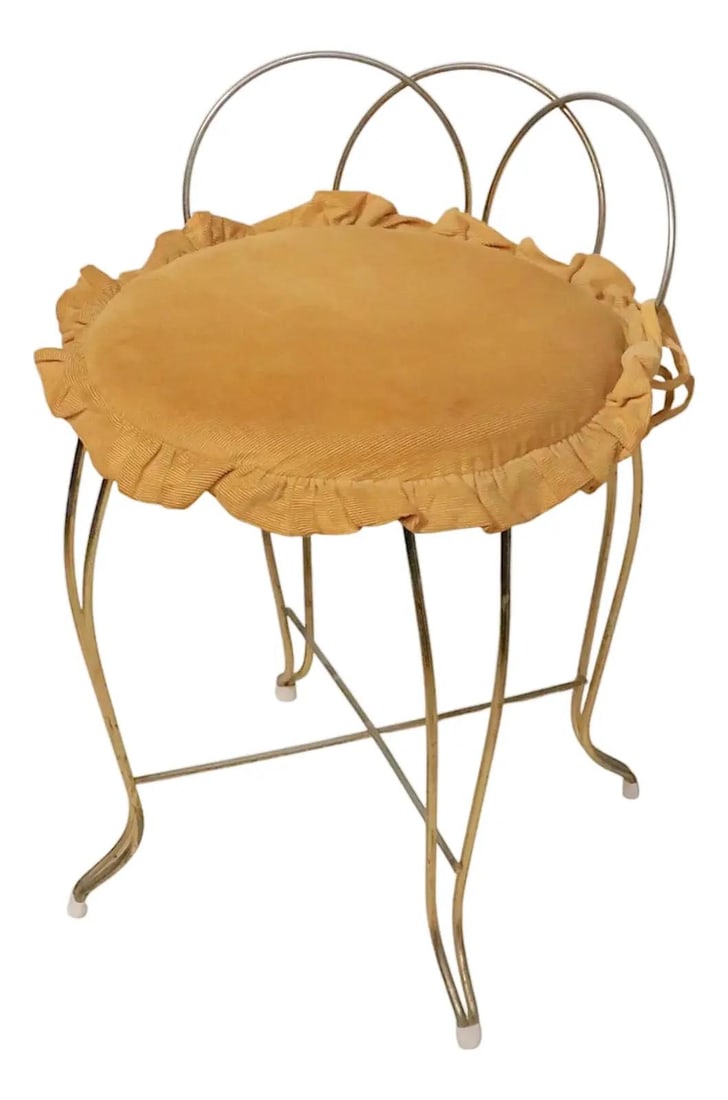 Gold Metal Vanity Stool with Upholstered Seat Hollywood Regency (1 of 9)