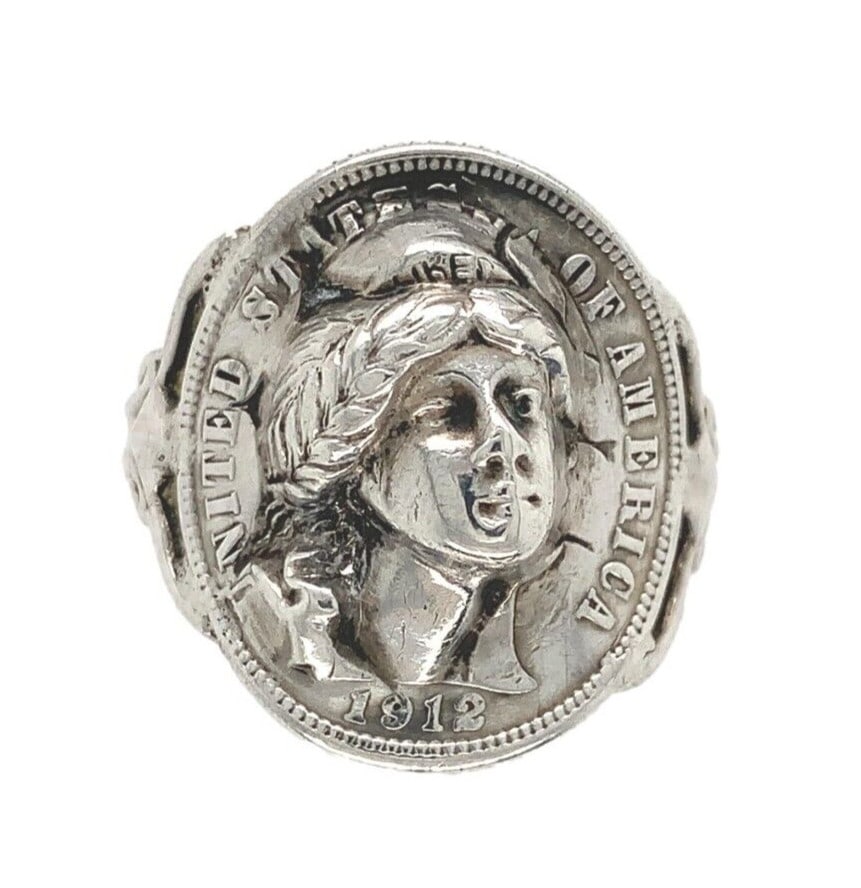 Kalo Sterling Silver Lady Liberty Coin Ring by Bjarne Axness Size 6.25 Authentic GIA: Kalo Sterling Silver Lady Liberty Coin Ring by Bjarne Axness Size 6.25 Authentic GIA This exquisite Sterling Kalo Lady Liberty Coin Ring is a handcrafted piece created by Bjarne Axness, a skilled arti