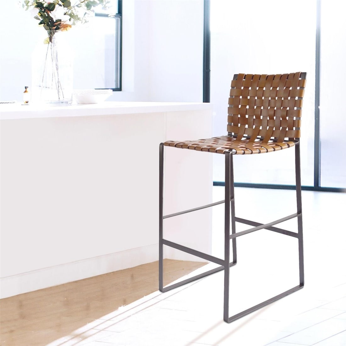 Howard Elliott Irving Steel Leather Barstool 29H Brown Finish: Howard Elliott Irving Steel Leather Barstool 29H Brown Finish Elevate your seating experience with this Traditional Steel & Leather Barstool, featuring a robust steel frame complemented by a woven lea