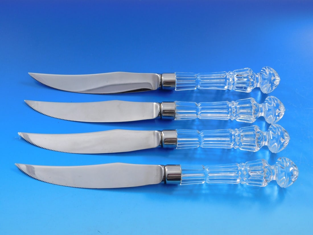 Waterford Crystal Handle Steak Knives Set of 4 Vintage: Waterford Crystal Handle Steak Knives Set of 4 Vintage Enhance your dining experience with this exquisite set of four Waterford Crystal Handle Steak Knives. Each knife features a stunning crystal hand