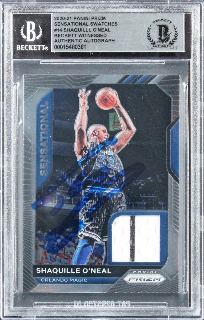 Shaquille O'Neal Signed 2020 Panini Prizm #14 Card BAS Authenticated: Shaquille O'Neal Signed 2020 Panini Prizm #14 Card BAS Authenticated This autographed 2020 Panini Prizm Sensational Swatches #14 card features the legendary Shaquille O'Neal, a prominent player of the