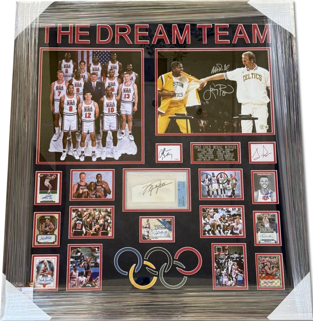 Dream Team Autographed Collage 12 Signatures JSA Authenticated Framed 34x38: Dream Team Autographed Collage 12 Signatures JSA Authenticated Framed 34x38 This stunning framed collage captures the essence of basketball greatness with a total of 12 signatures from the iconic memb