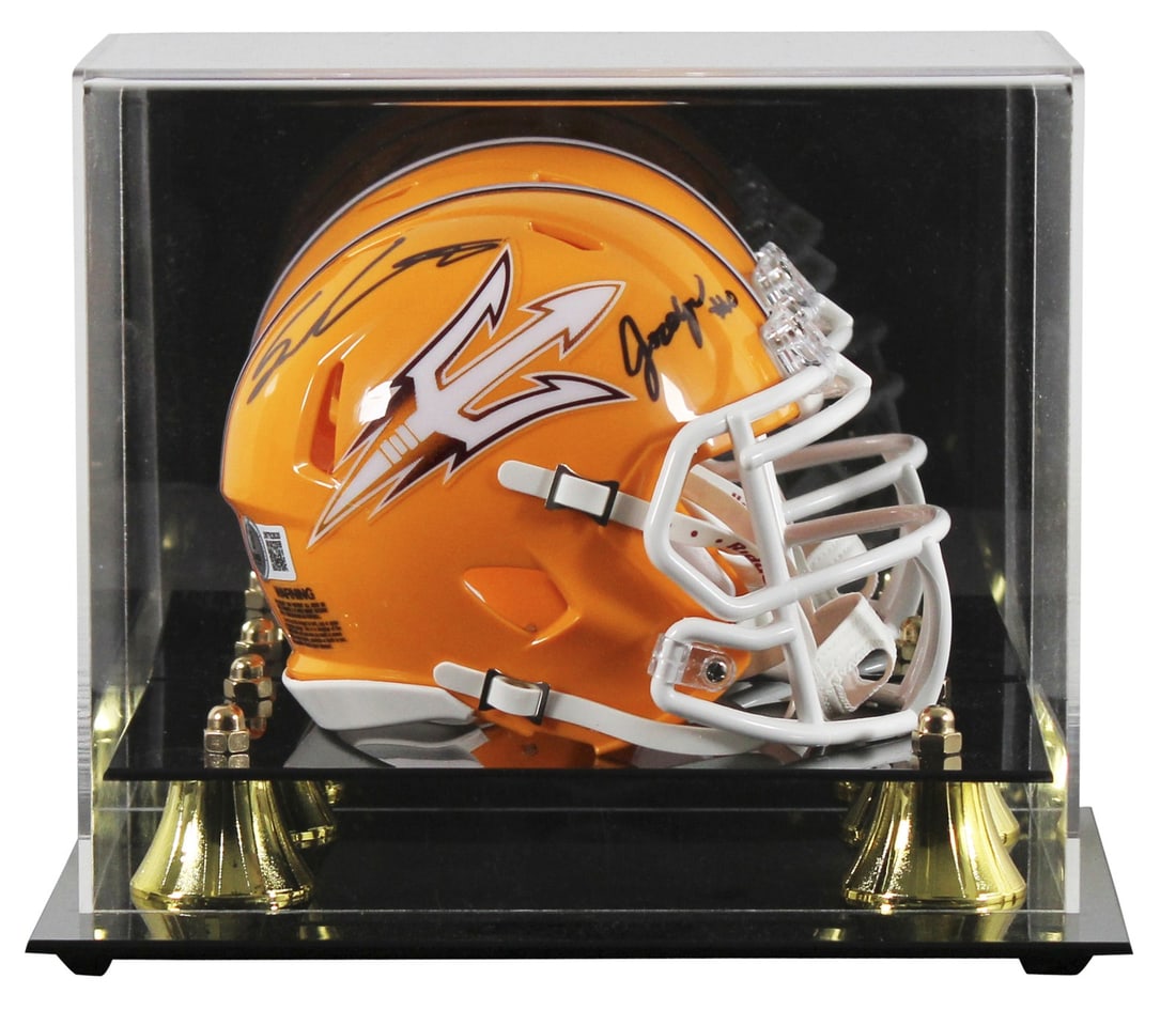 Sam Leavitt Jordyn Tyson Signed Gold Mini Helmet with Beckett Authentication: Sam Leavitt Jordyn Tyson Signed Gold Mini Helmet with Beckett Authentication This Arizona State Sun Devils Gold Speed Mini Helmet is an exceptional collectible for any football fan. Personally signed 