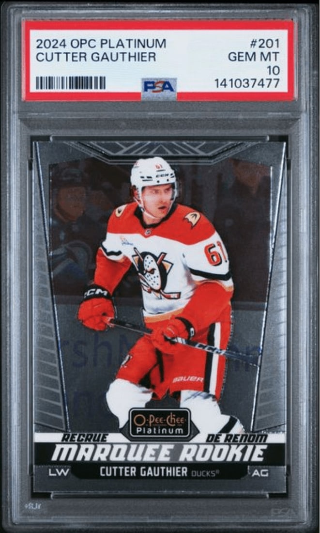 PSA 10 2024 Upper Deck OPC Platinum #201 Cutter Gauthier Rookie Card: PSA 10 2024 Upper Deck OPC Platinum #201 Cutter Gauthier Rookie Card Graded 2024 Upper Deck OPC Platinum #201 rookie sports trading card featuring Cutter Gauthier of the Anaheim Ducks. This multicolor