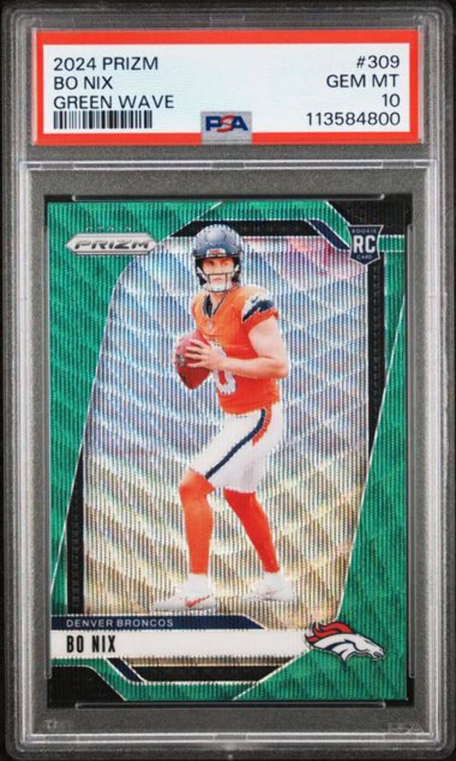 PSA 10 Graded 2024 Panini Prizm Bo Nix #309 Green Wave Rookie Card: PSA 10 Graded 2024 Panini Prizm Bo Nix #309 Green Wave Rookie Card This is a graded 2024 Panini Prizm Bo Nix #309 Green Wave Rookie RC Football Card, rated a perfect PSA 10 by Professional Sports Auth