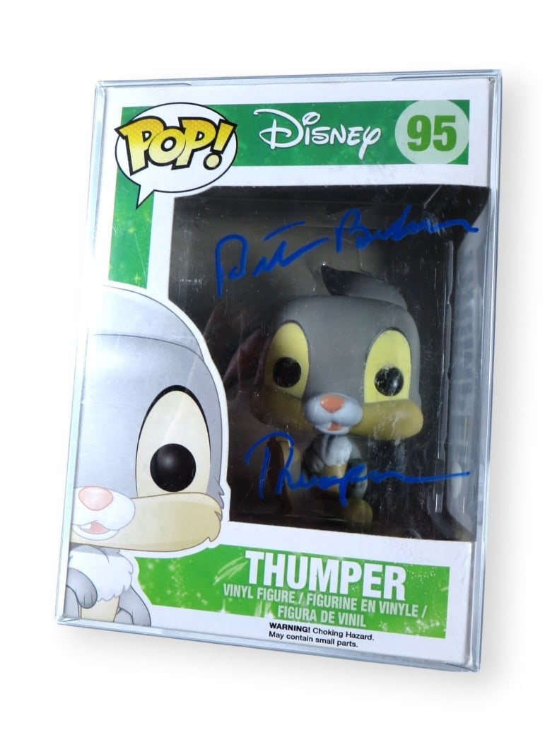 Peter Behn Signed Funko POP Thumper JSA Authenticated Disney Collectible: Peter Behn Signed Funko POP Thumper JSA Authenticated Disney Collectible This is an authentic Funko POP! figure of Bambi's character, Thumper, signed by Peter Behn. The autograph has been verified by 
