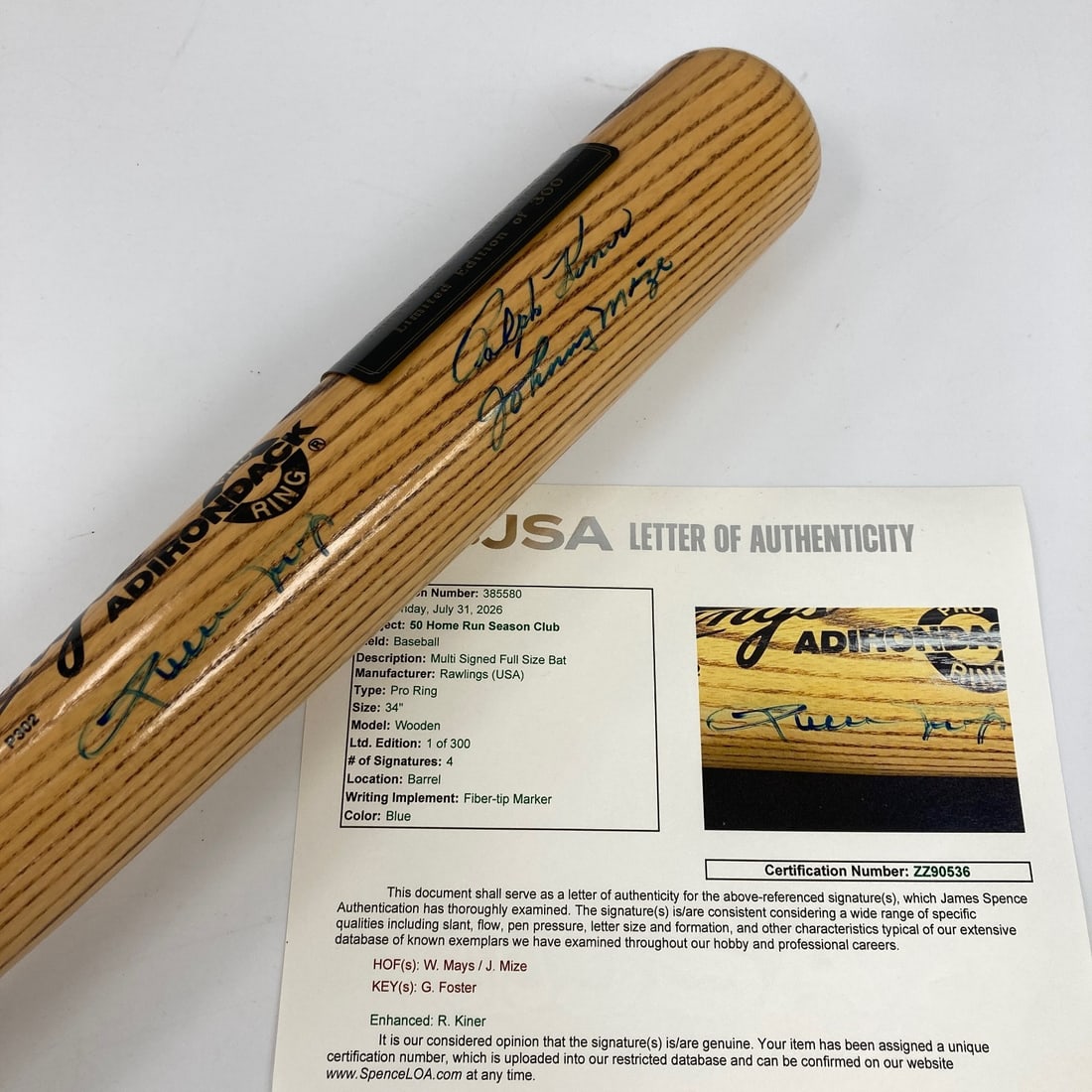 Baseball Bat Signed by Willie Mays Johnny Mize Ralph Kiner with JSA COA: Baseball Bat Signed by Willie Mays Johnny Mize Ralph Kiner with JSA COA Original baseball bat signed by Willie Mays, Johnny Mize, and Ralph Kiner from the 50 Home Run Club. The bat is pre-owned and co
