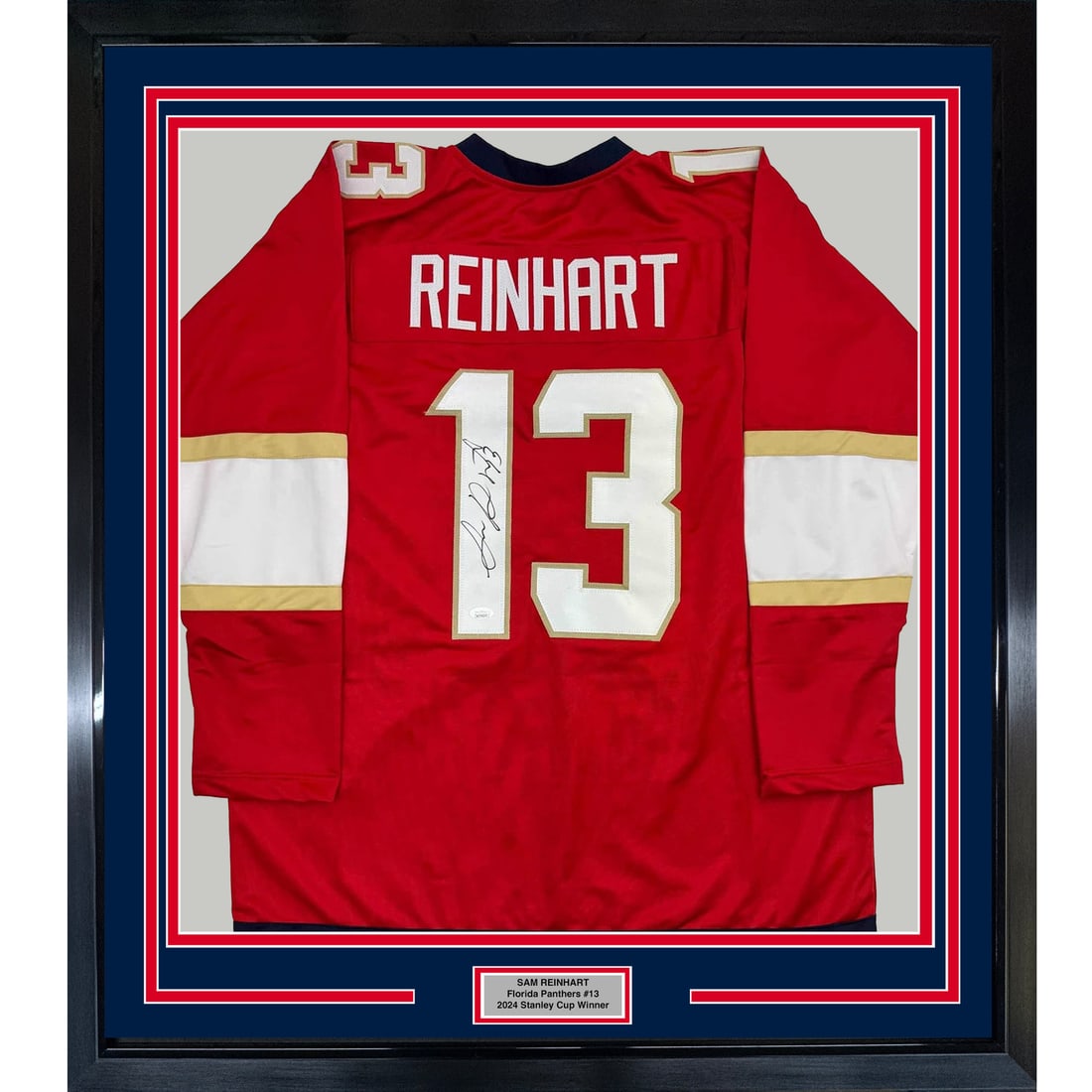 Framed Signed Sam Reinhart Florida Panthers Jersey with JSA COA: Framed Signed Sam Reinhart Florida Panthers Jersey with JSA COA Showcase your love for hockey with this professionally framed autographed Sam Reinhart jersey from the Florida Panthers. This authentic 