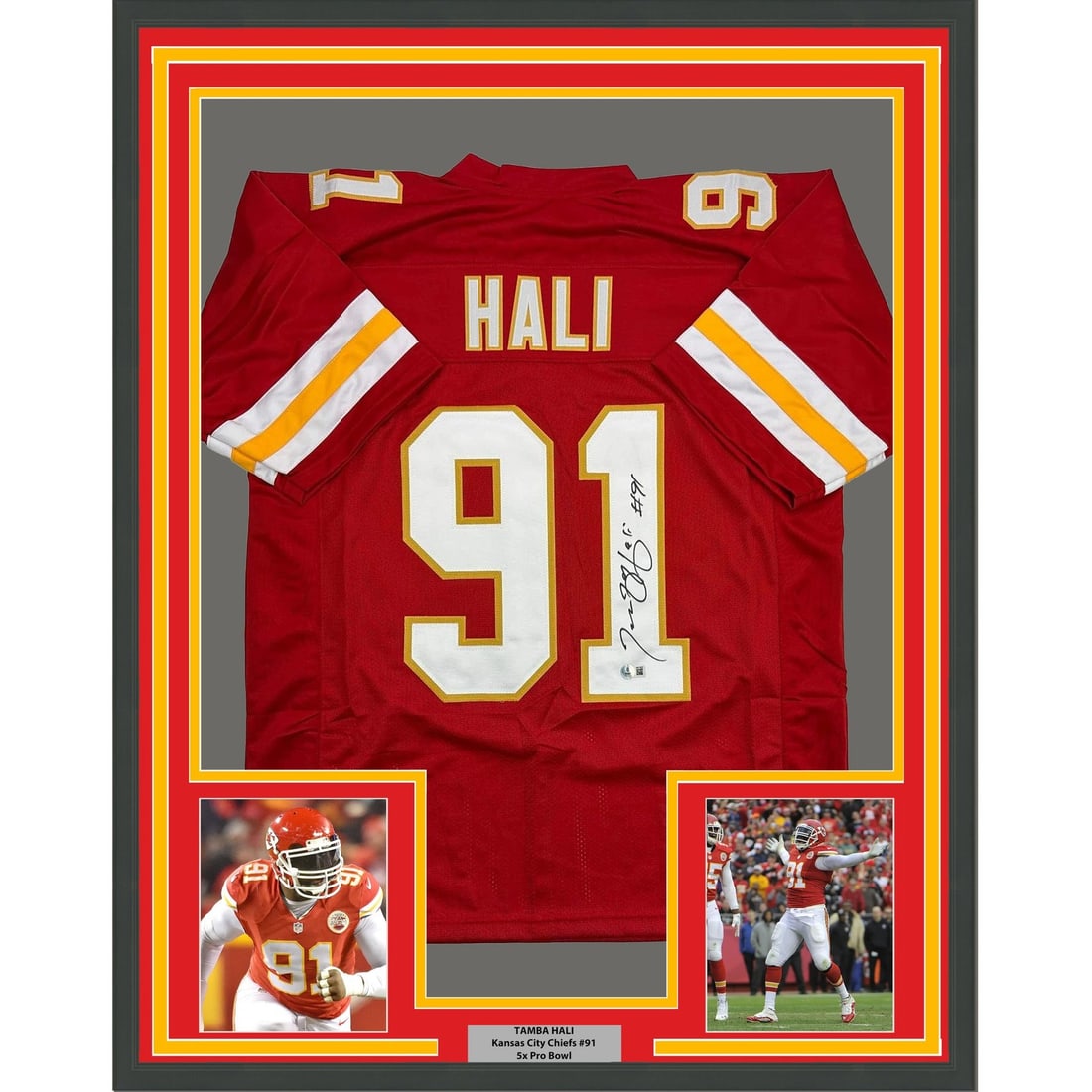 35x39 Framed Tamba Hali Signed Kansas City Chiefs Red Jersey BAS COA: 35x39 Framed Tamba Hali Signed Kansas City Chiefs Red Jersey BAS COA Professionally framed and matted autographed Tamba Hali Kansas City Chiefs red jersey. This original football collectible includes 