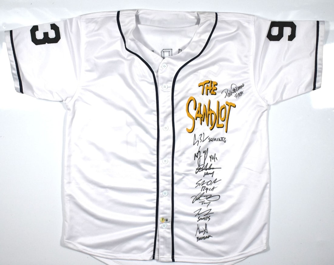 Beckett Authenticated The Sandlot Cast Signed Jersey with 8 Inscriptions: Beckett Authenticated The Sandlot Cast Signed Jersey with 8 Inscriptions Autographed baseball jersey featuring The Sandlot cast with inscriptions from 8 actors. It is an original piece, associated wit