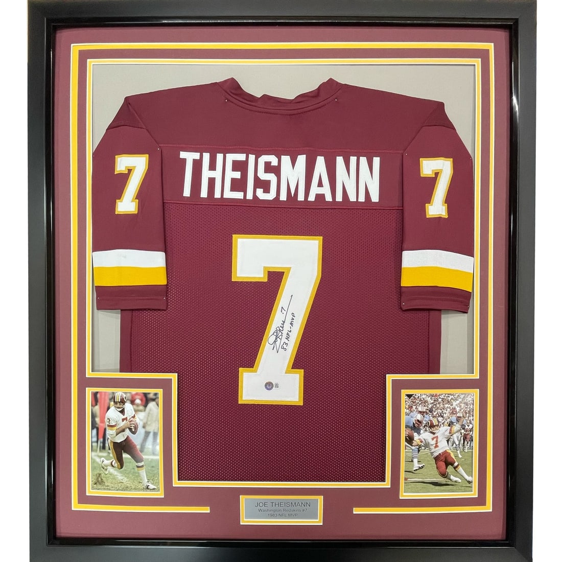 35x39 Framed Joe Theismann Signed Washington Football Jersey: 35x39 Framed Joe Theismann Signed Washington Football Jersey Professionally framed and matted signed Joe Theismann burgundy football jersey display with two 5x7 photos. This original autographed piece
