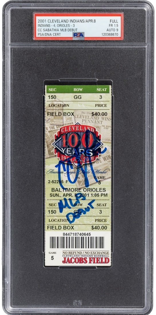 April 8 2001 CC Sabathia Autographed MLB Debut Ticket Encapsulated by PSA DNA: April 8 2001 CC Sabathia Autographed MLB Debut Ticket Encapsulated by PSA DNA This is an original full ticket from CC Sabathia's MLB debut on April 8, 2001, signed by Sabathia himself. The ticket is a