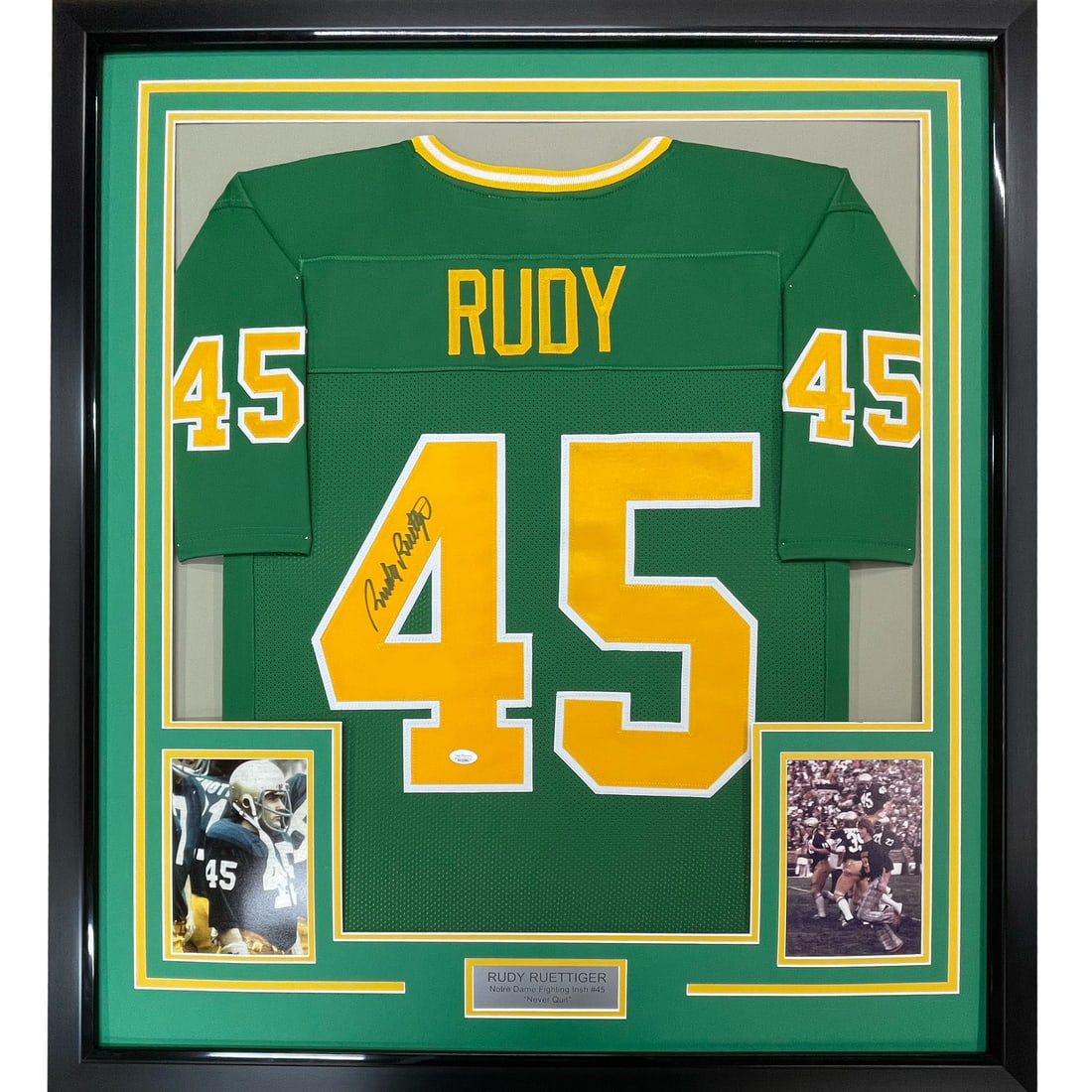 Rudy Ruettiger signed framed Notre Dame jersey 33x42 JSA COA (1 of 2)
