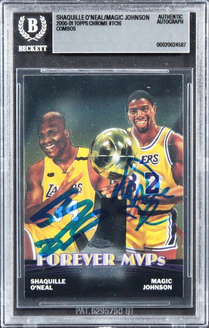 Beckett authenticated 2000 Topps Chrome TC16 Lakers dual signed card: Beckett authenticated 2000 Topps Chrome TC16 Lakers dual signed card Autographed 2000 Topps Chrome Combos #TC16 basketball card signed by Shaquille O'Neal and Magic Johnson. The card is slabbed by Bec