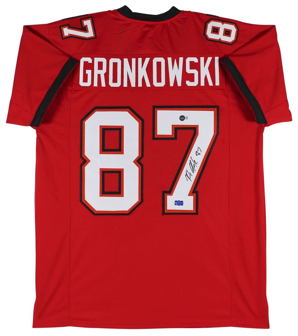 Beckett Witnessed Rob Gronkowski Signed Buccaneers Red Football Jersey: Beckett Witnessed Rob Gronkowski Signed Buccaneers Red Football Jersey Authentic Rob Gronkowski signed red pro style football jersey. This pre-owned, custom-stitched jersey is a BAS Witnessed item and