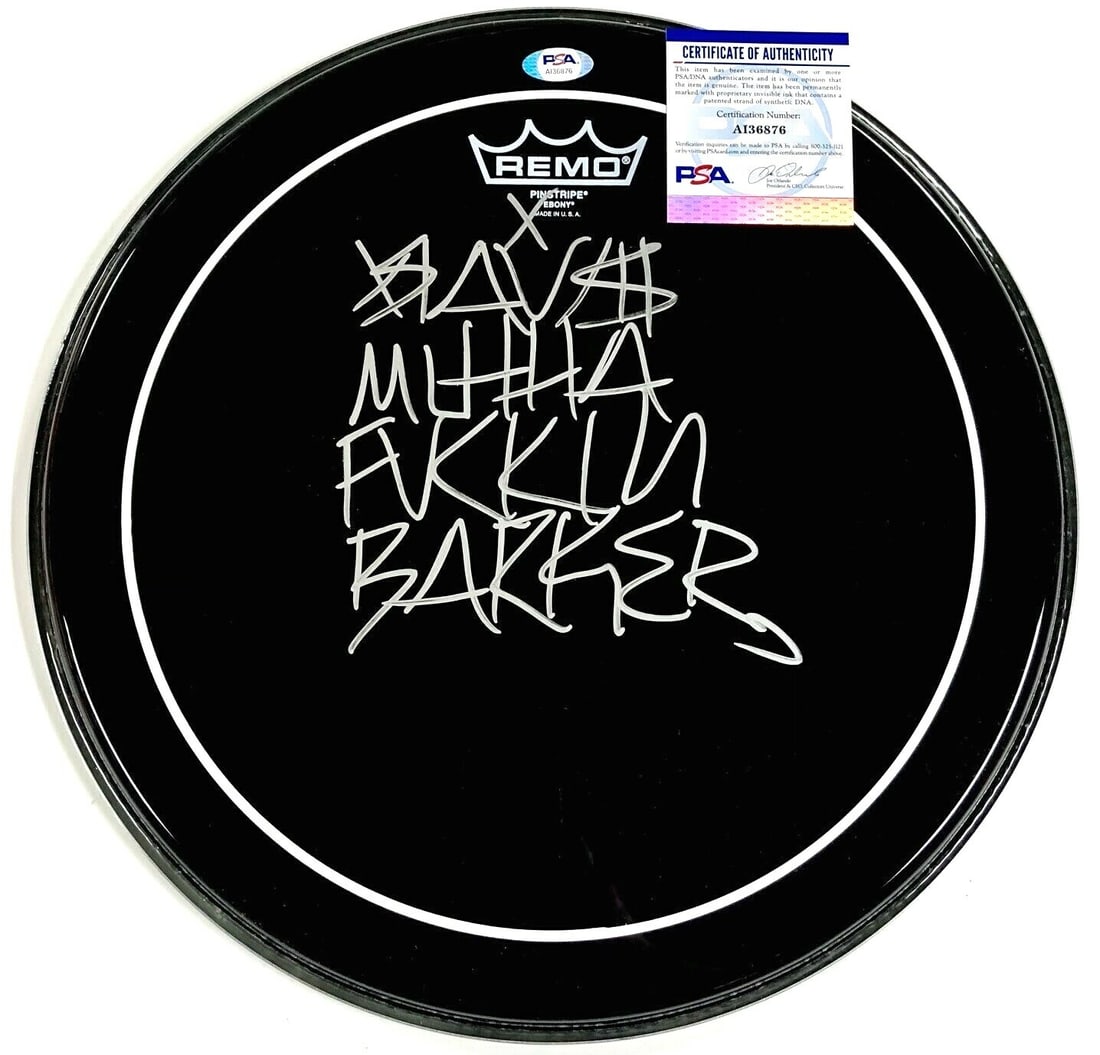 Travis Barker Signed 14 Inch Drumhead with PSA DNA Certificate Blink 182: Travis Barker Signed 14 Inch Drumhead with PSA DNA Certificate Blink 182 This is a 14-inch drumhead fully autographed by Blink 182's Travis Barker. The signature has been authenticated by Professional