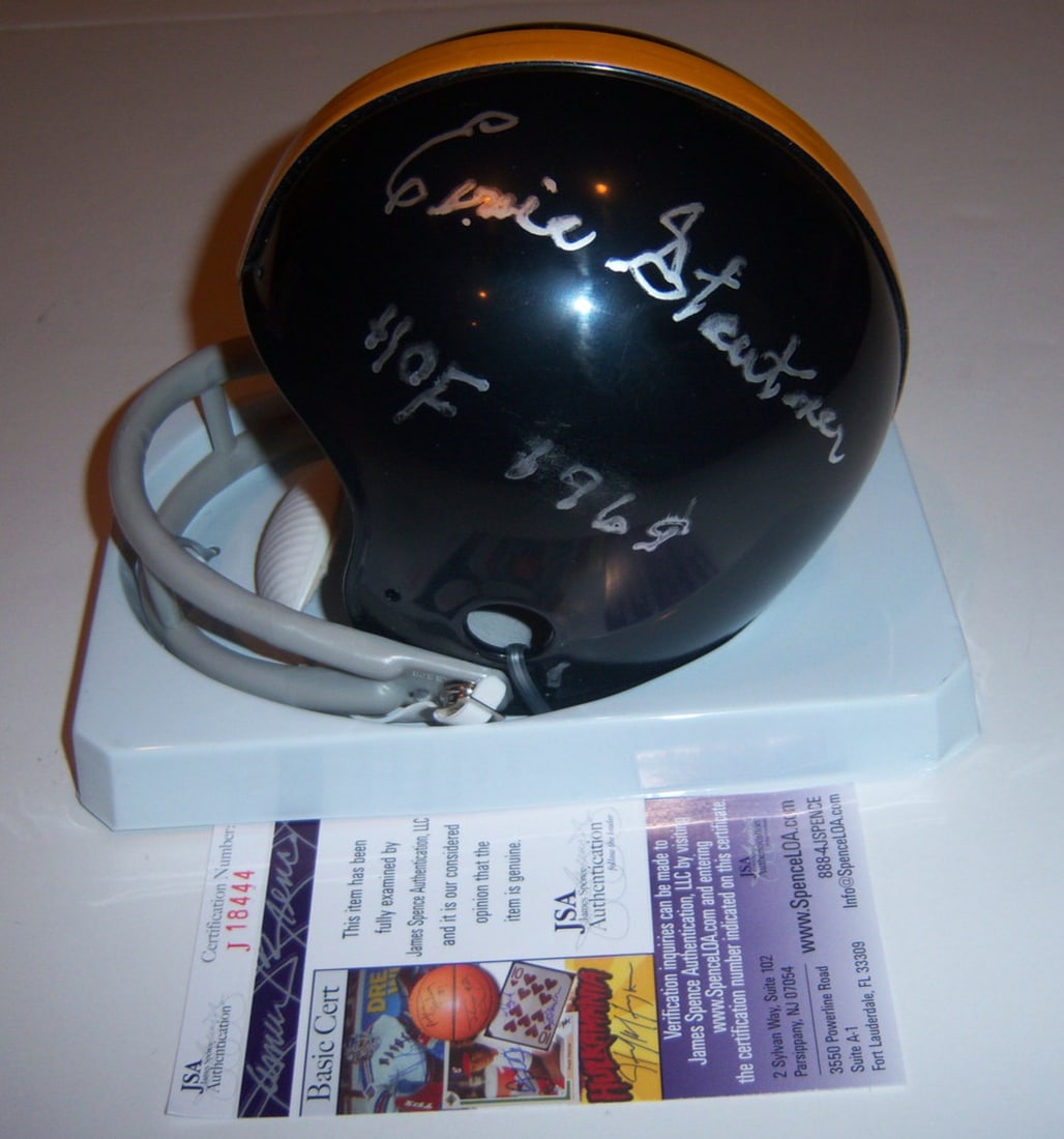 Signed Mini Helmet Ernie Stautner Pittsburgh Steelers HOF JSA COA: Signed Mini Helmet Ernie Stautner Pittsburgh Steelers HOF JSA COA This is a pre-owned mini helmet signed by Ernie Stautner of the Pittsburgh Steelers. The helmet is an original item and includes JSA/C