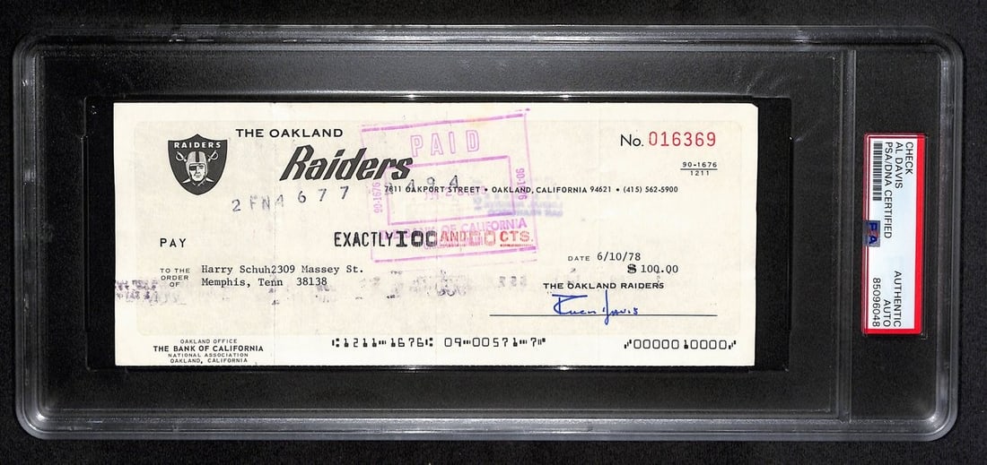 AL Davis 1978 Oakland Raiders Autographed Check PSA Certified (1 of 2)