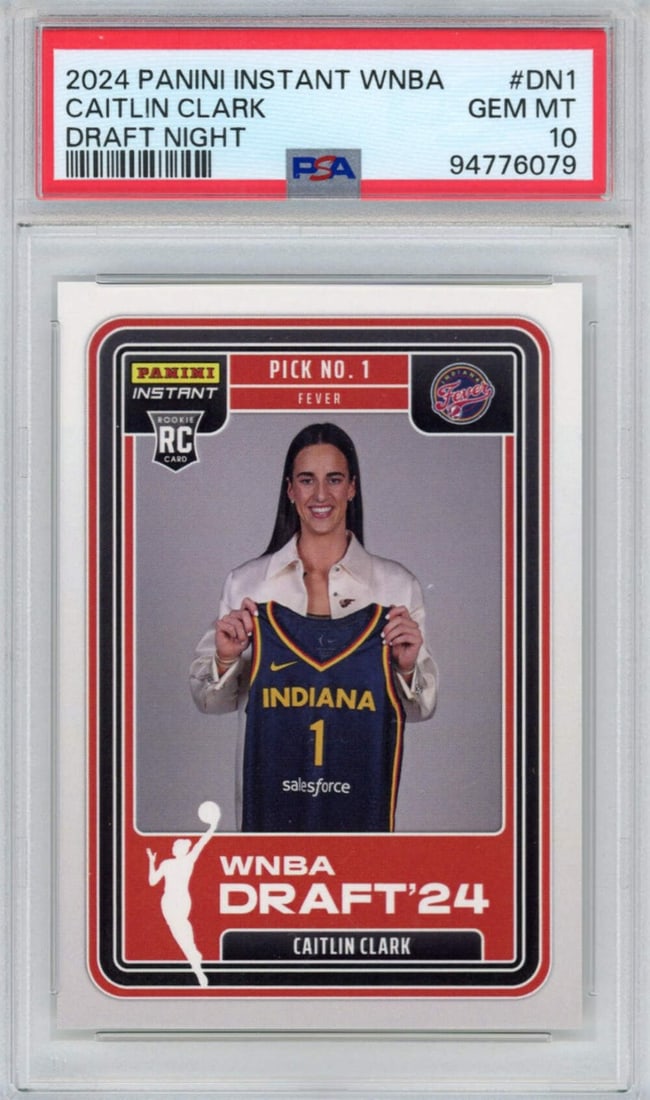 PSA 10 Caitlin Clark Rookie Card 2024 Panini Instant WNBA #DN1: PSA 10 Caitlin Clark Rookie Card 2024 Panini Instant WNBA #DN1 This is a 2024 Panini Instant WNBA Caitlin Clark #DN1 RC basketball card, graded PSA 10 by Professional Sports Authenticator (PSA). The c