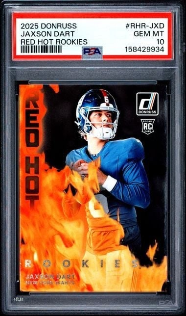 PSA 10 Jaxson Dart 2025 Panini Donruss Red Hot Rookies RC Card: PSA 10 Jaxson Dart 2025 Panini Donruss Red Hot Rookies RC Card Graded 2025 Panini Donruss Jaxson Dart Red Hot Rookies rookie sports trading card. This pre-owned card is encapsulated and graded PSA 10,