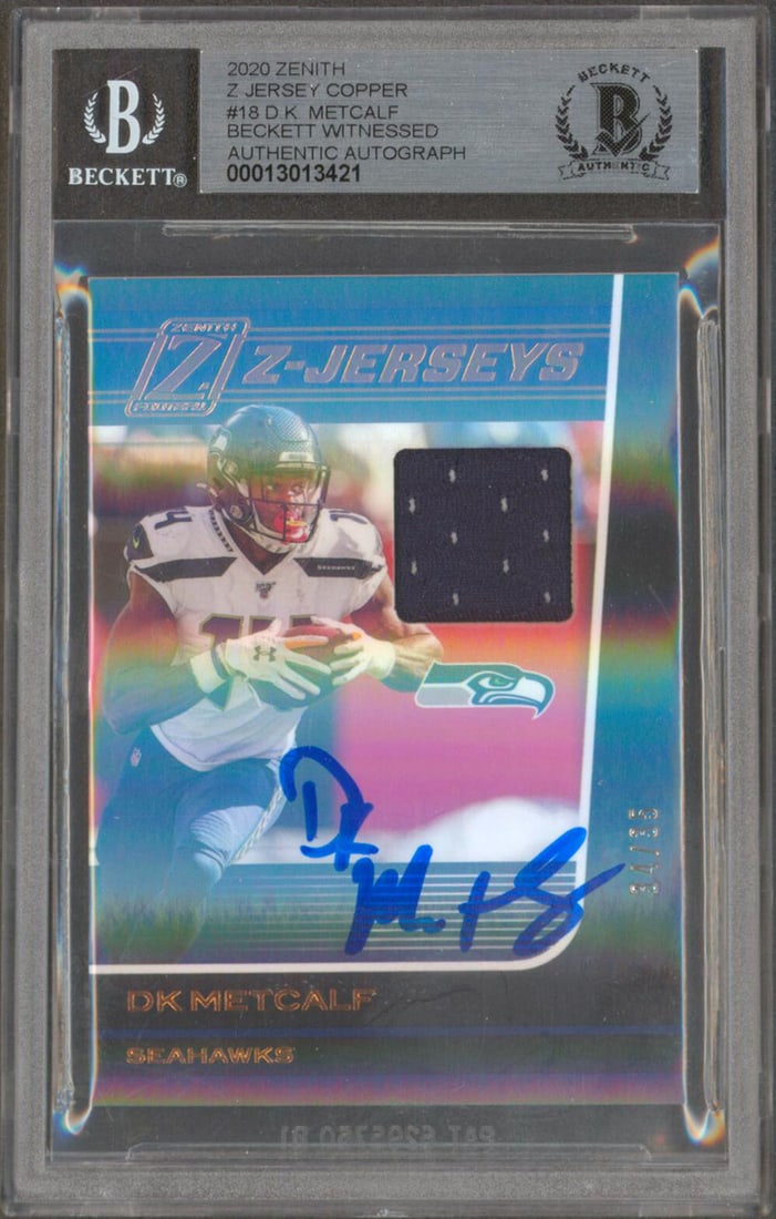 2020 Zenith Jersey Copper DK Metcalf Auto Card Mint 10 Beckett Slabbed: 2020 Zenith Jersey Copper DK Metcalf Auto Card Mint 10 Beckett Slabbed This 2020 Zenith Z Jersey Copper #18 football trading card, serial numbered 34 out of 35, features an authentic autograph from DK