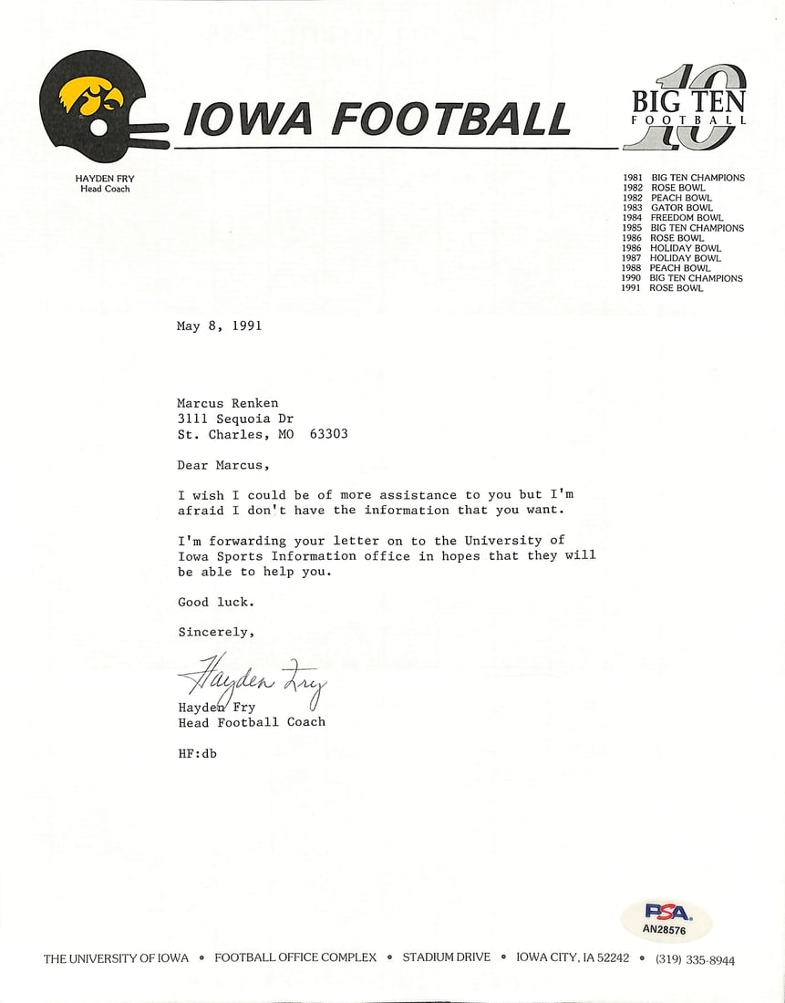 Hayden Fry Signed TLS Letter University of Iowa PSA/DNA Authentic: Hayden Fry Signed TLS Letter University of Iowa PSA/DNA Authentic This is an original TLS letter signed by Hayden Fry, the esteemed Head Football Coach of the University of Iowa. The letter is authent