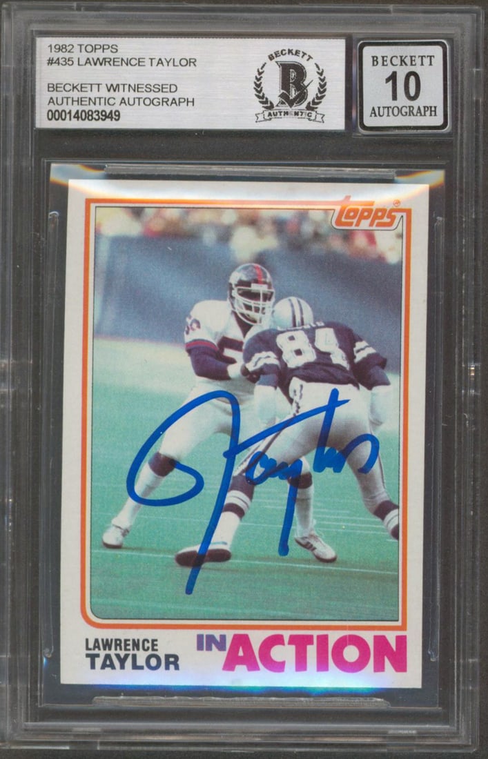 Lawrence Taylor Signed 1982 Topps #435 Card Gem Mint 10 Beckett Authenticated: Lawrence Taylor Signed 1982 Topps #435 Card Gem Mint 10 Beckett Authenticated This authentic 1982 Topps #435 card features the legendary Lawrence Taylor of the New York Giants, personally signed by th