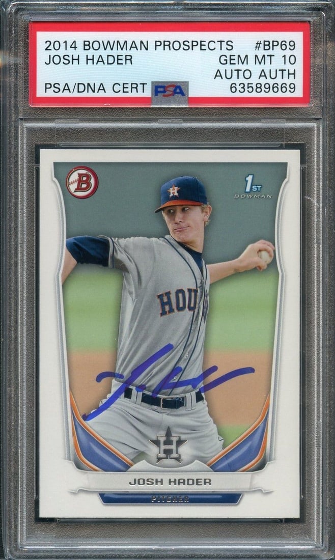 Josh Hader 2014 Bowman Prospects BP69 Autograph PSA DNA Gem Mint 10: Josh Hader 2014 Bowman Prospects BP69 Autograph PSA DNA Gem Mint 10 2014 Bowman Prospects #BP69 baseball card signed by Josh Hader. The autograph has been graded Gem Mint 10 by PSA/DNA and the card is