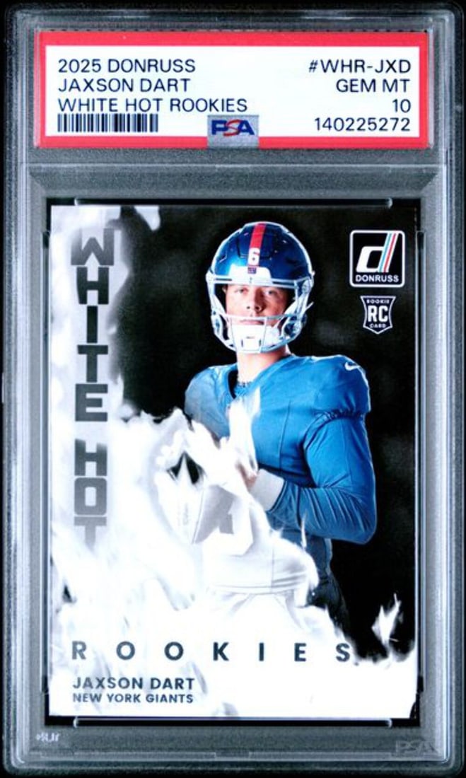 PSA 10 White Hot Rookies Jaxson Dart 2025 Donruss NFL Rookie Card: PSA 10 White Hot Rookies Jaxson Dart 2025 Donruss NFL Rookie Card This is a graded 2025 Donruss Jaxson Dart #WHRJXD White Hot Rookies rookie card featuring Jaxson Dart of the New York Giants. The card
