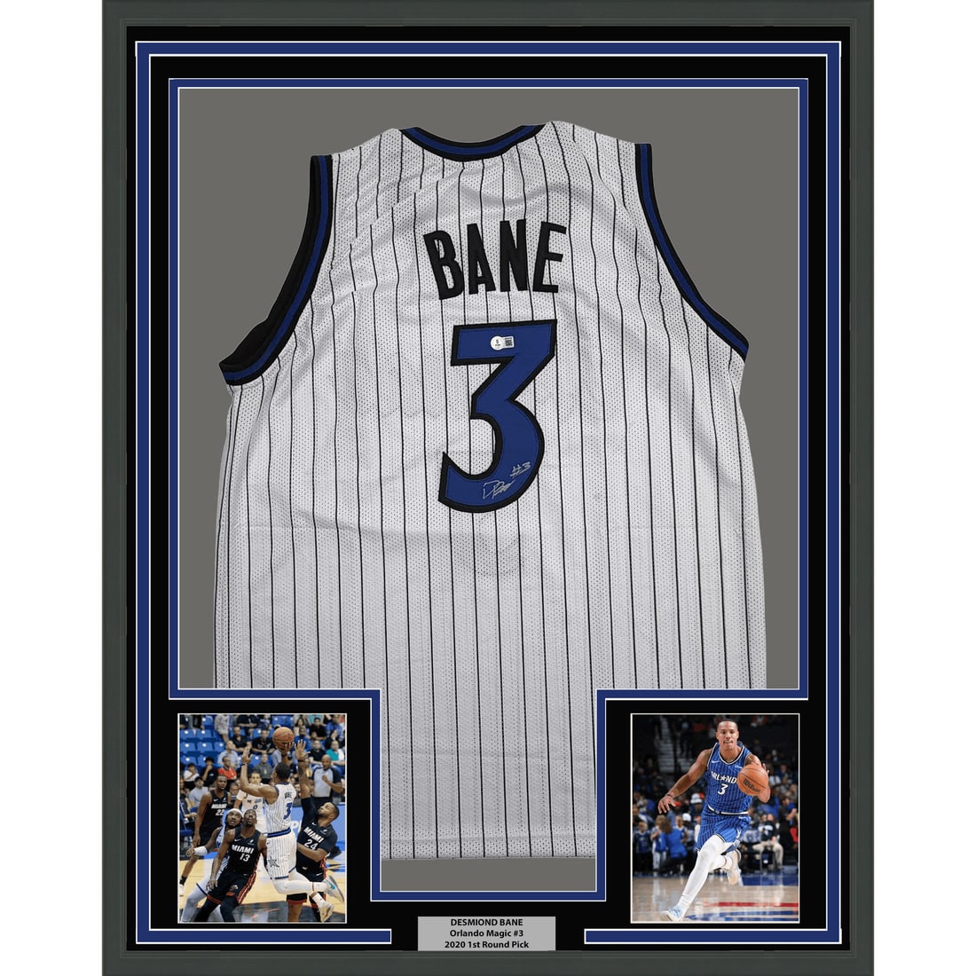 Desmond Bane signed Orlando Magic white pinstripe framed jersey BAS: Desmond Bane signed Orlando Magic white pinstripe framed jersey BAS Professionally framed and matted autographed Desmond Bane white pinstripe jersey. This original signed basketball display includes t