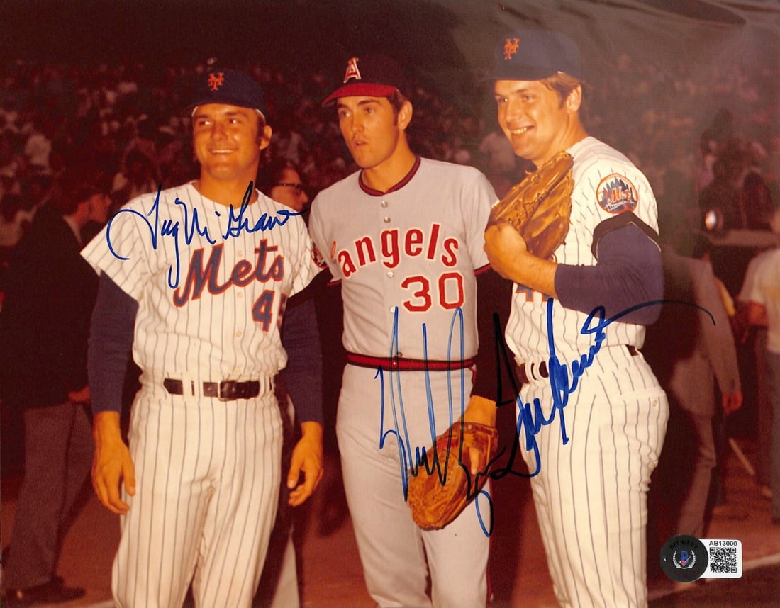8x10 Color Photo Signed by Ryan Seaver McGraw Beckett Authenticated: 8x10 Color Photo Signed by Ryan Seaver McGraw Beckett Authenticated This is an original 8x10 color photograph signed by legendary pitchers Nolan Ryan, Tom Seaver, and Tug McGraw, all members of the 19
