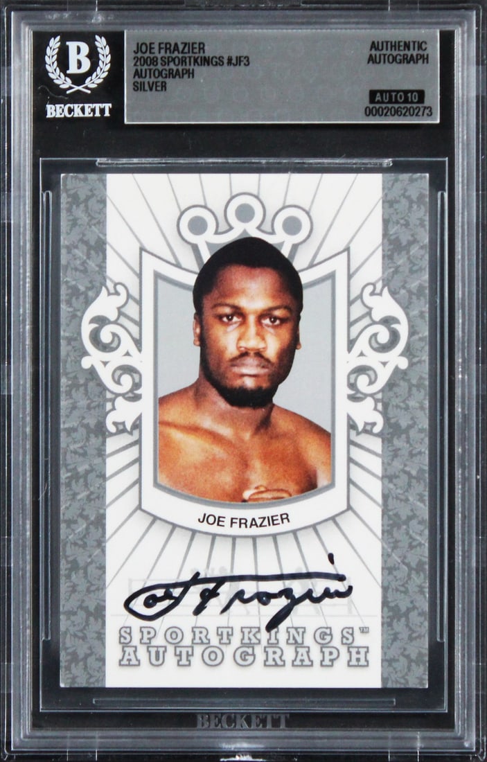 2008 Sportkings Silver JF3 Joe Frazier Autograph Card Beckett Gem Mint 10: 2008 Sportkings Silver JF3 Joe Frazier Autograph Card Beckett Gem Mint 10 Original 2008 Sportkings Silver #JF3 card signed by Joe Frazier. The autograph has received a Gem Mint 10 auto grade from Beck