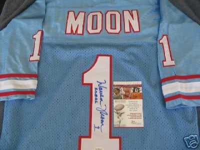 Warren Moon Autographed NFL Jersey With JSA COA Authentication: Warren Moon Autographed NFL Jersey With JSA COA Authentication This is a pre-owned football jersey signed by Warren Moon, featuring the Washington Oilers. The jersey is an original item and comes with